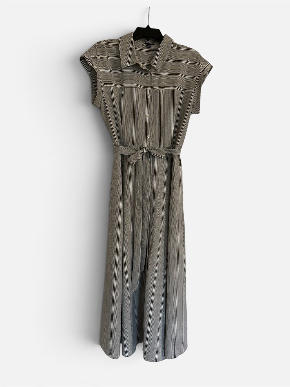 Nina Leonard Gray Striped Cap-Sleeve Maxi Shirt Dress with Waist Tie